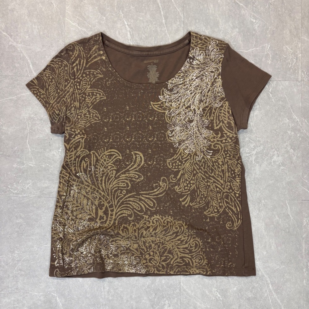 St Johns Bay Womens XL Brown Paisley Metallic Graphic Short Sleeve Cotton Tee